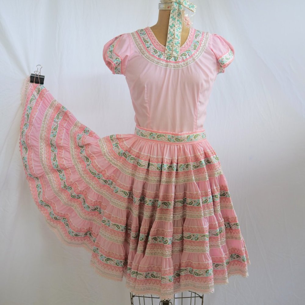 vtg 50s JEANETTES SOUTHWEST Pink Full Pleated Skirt & Top Set Swing Rockabilly 8 - Picture 2 of 15